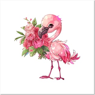 Valentine Flamingo Giving Flowers Posters and Art